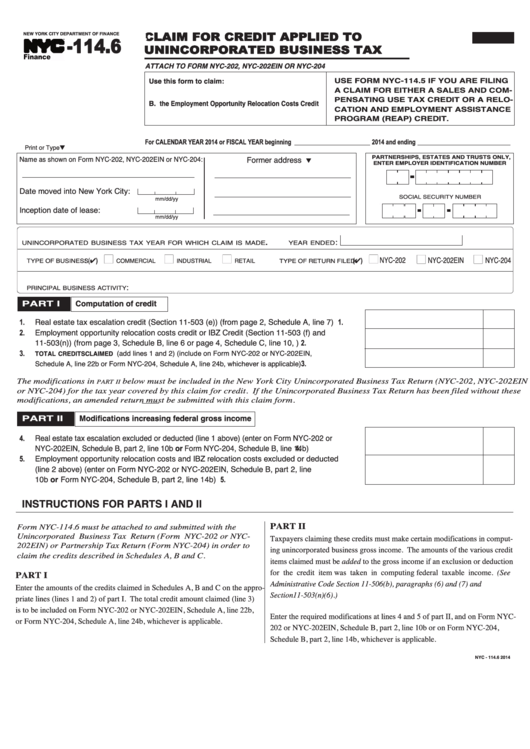 Form Nyc-114.6 - Claim For Credit Applied To Unincorporated Business Tax - 2014 Printable pdf