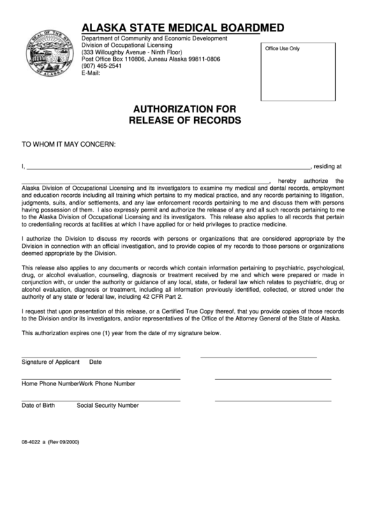 Form 08-4022 A - Authorization For Release Of Records Printable pdf
