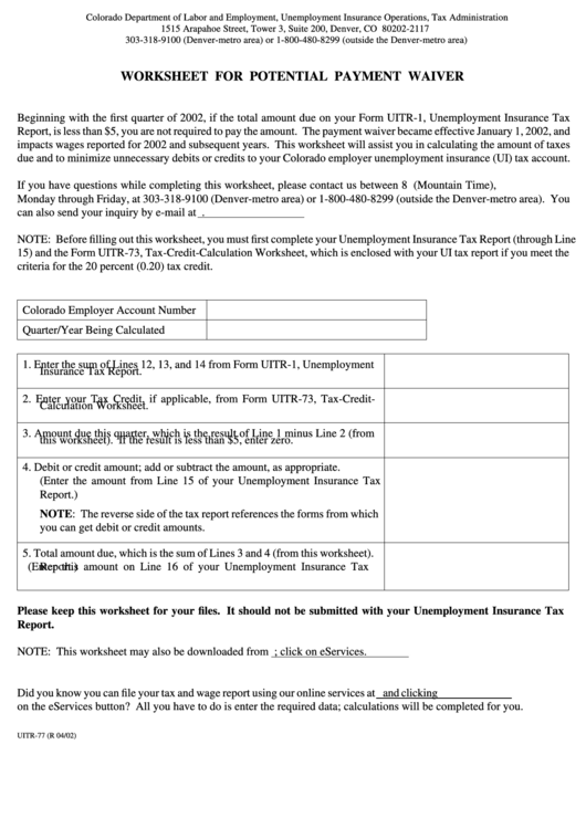 Form Uitr-77 - Worksheet For Potential Payment Waiver Printable pdf