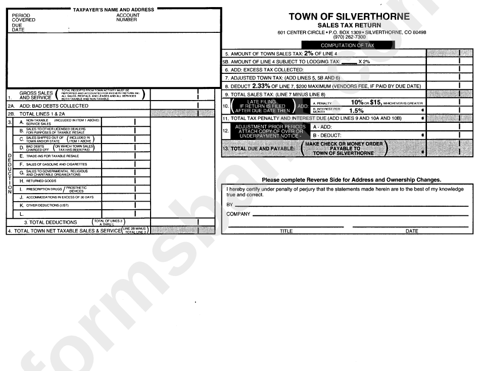 Sales Tax Return Form - Town Of Silverthorne
