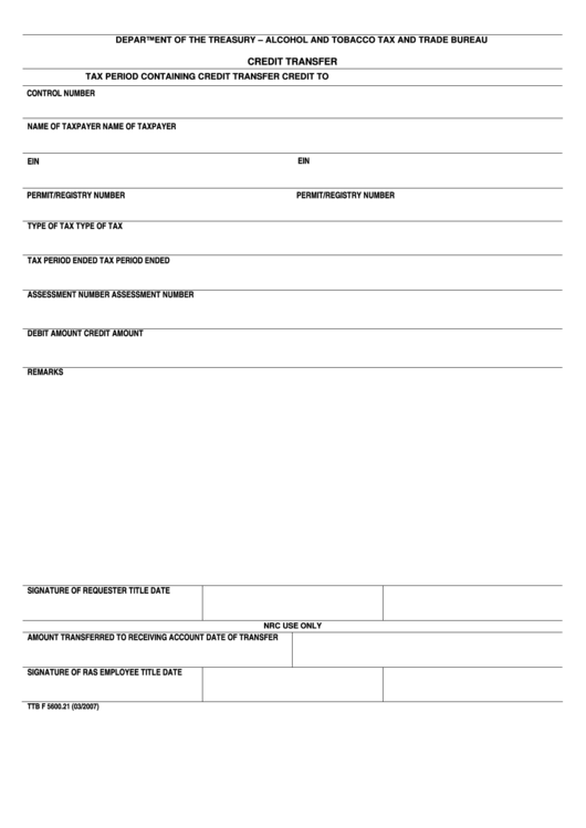 Fillable Form Ttb F 5600.21 - Credit Transfer Printable pdf