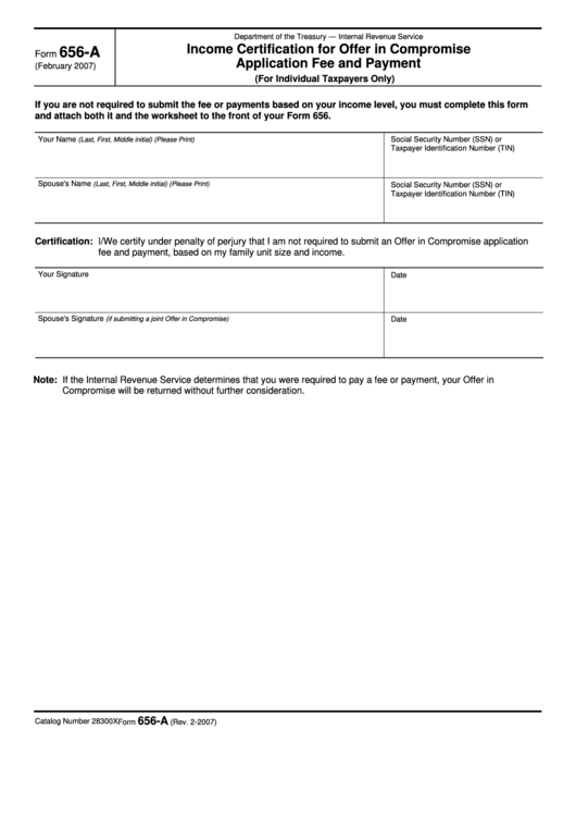 Form 656-A - Income Certification For Offer In Compromise Application Fee And Payment Form - Internal Revenue Service Printable pdf