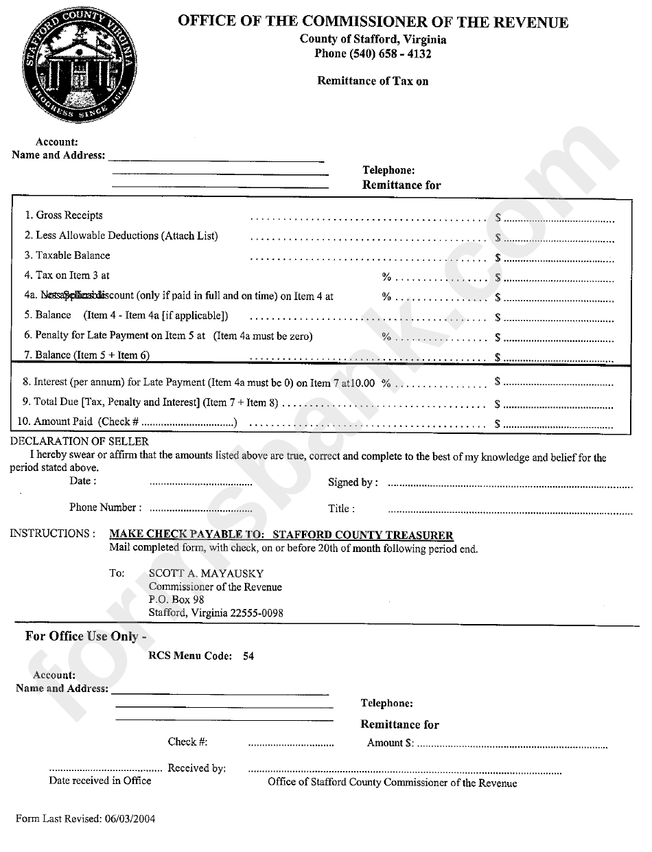 Remittance Tax Form - County Of Stafford