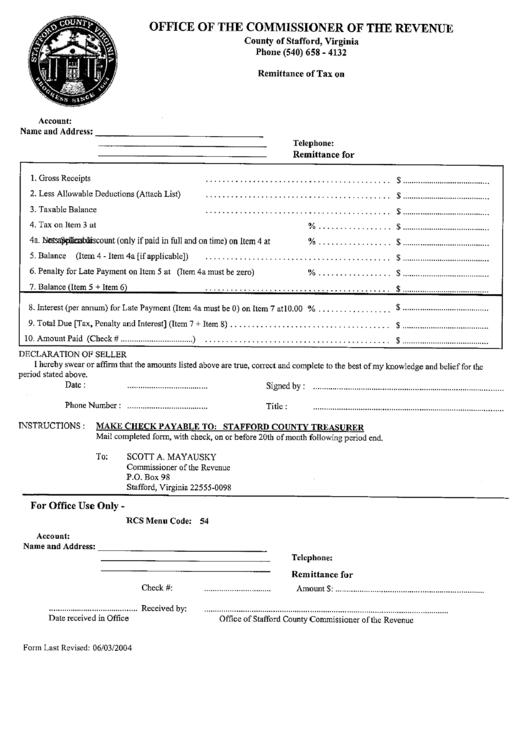 Remittance Tax Form - County Of Stafford Printable pdf