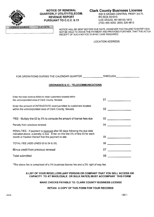 Clark County Business License Form - Notice Of Renewal Printable pdf
