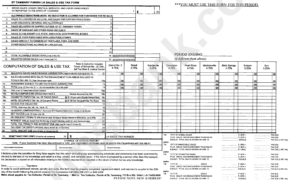 Sales And Use Tax Form - St Tammany Parish