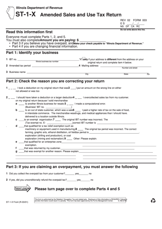 Form St-1-X - Amended Sales And Use Tax Return Form - State Of Illinois - 2001 Printable pdf