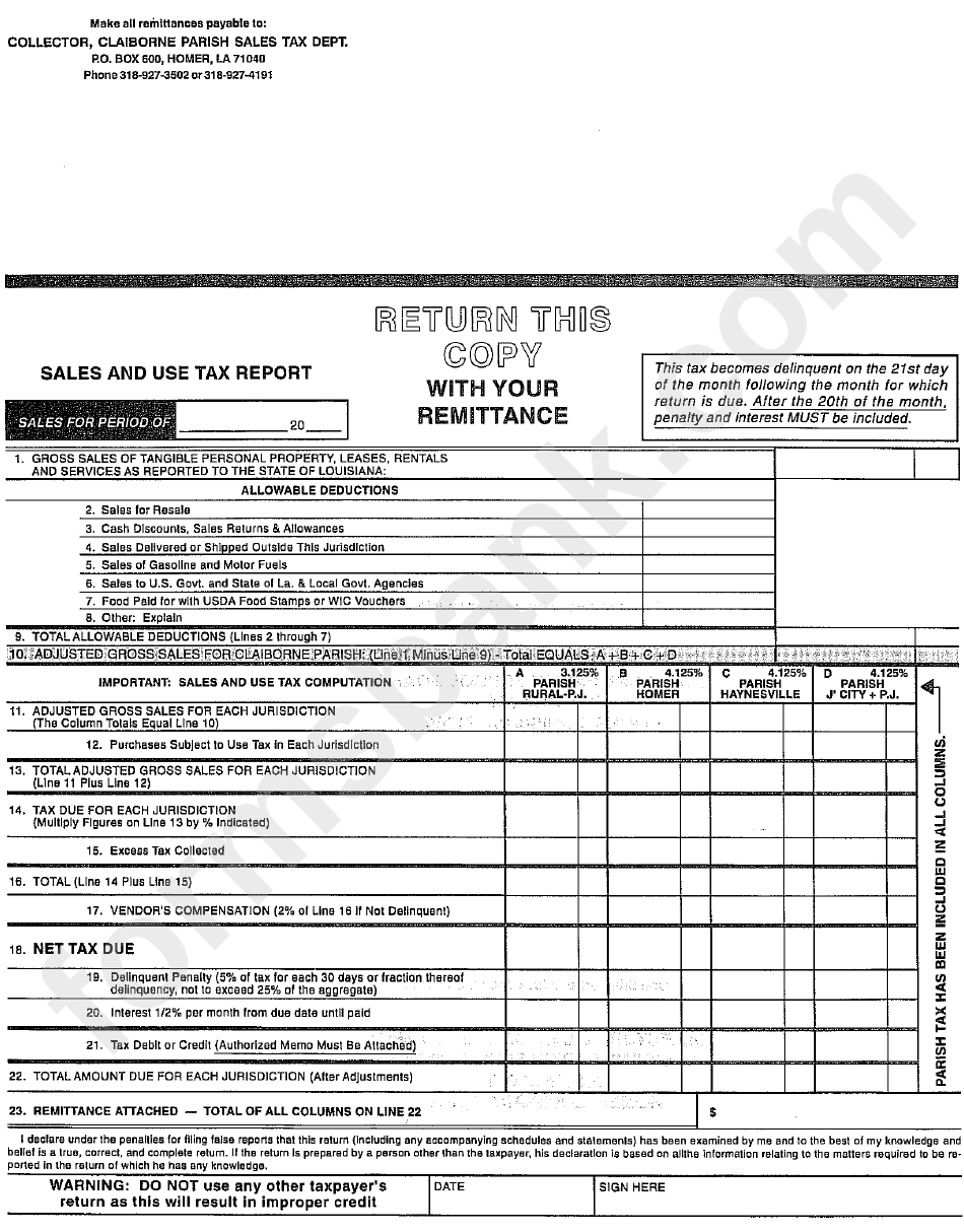 Sales And Use Tax Report Form - Claiborne Parish