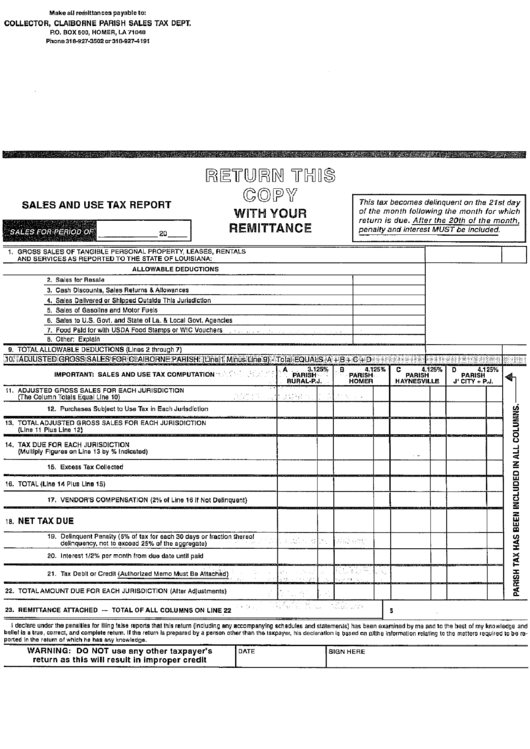 Sales And Use Tax Report Form - Claiborne Parish Printable pdf