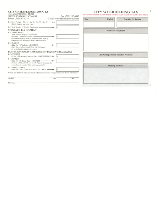 City Withholding Tax Form Printable pdf