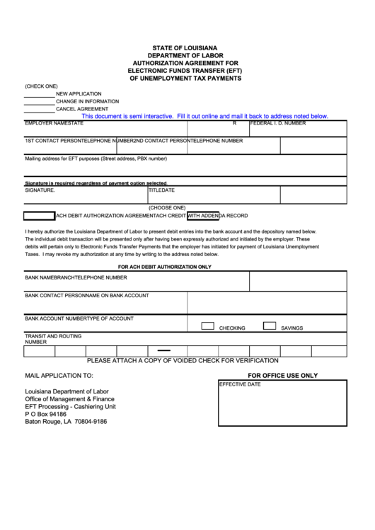 Authorization Agreement For Electronic Funds Transfer (Eft) Of Unemployment Tax Payments Form Printable pdf