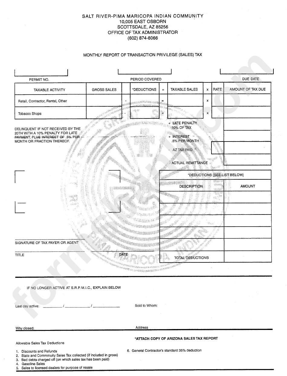 Monthly Report Of Transaction Privelege (Sales) Tax Form - Salt River-Pima Maricopa Indian Community