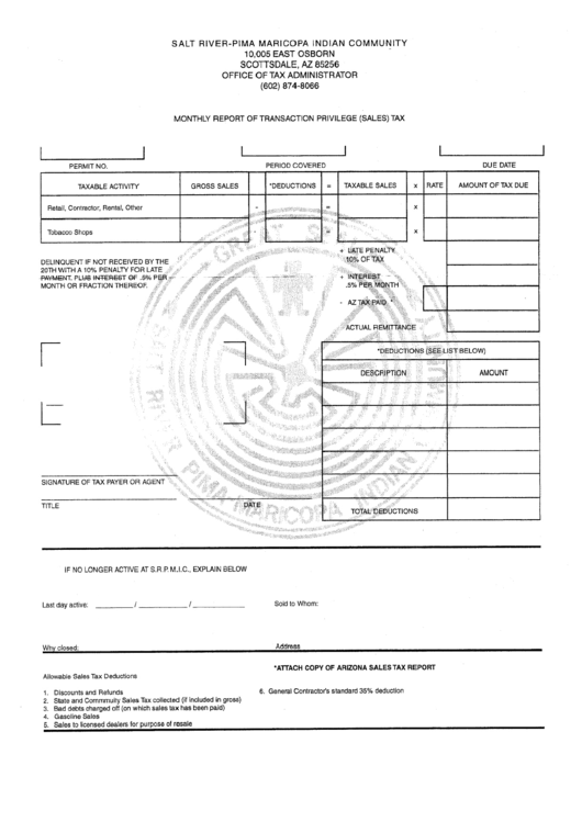 Monthly Report Of Transaction Privelege (Sales) Tax Form - Salt River-Pima Maricopa Indian Community Printable pdf