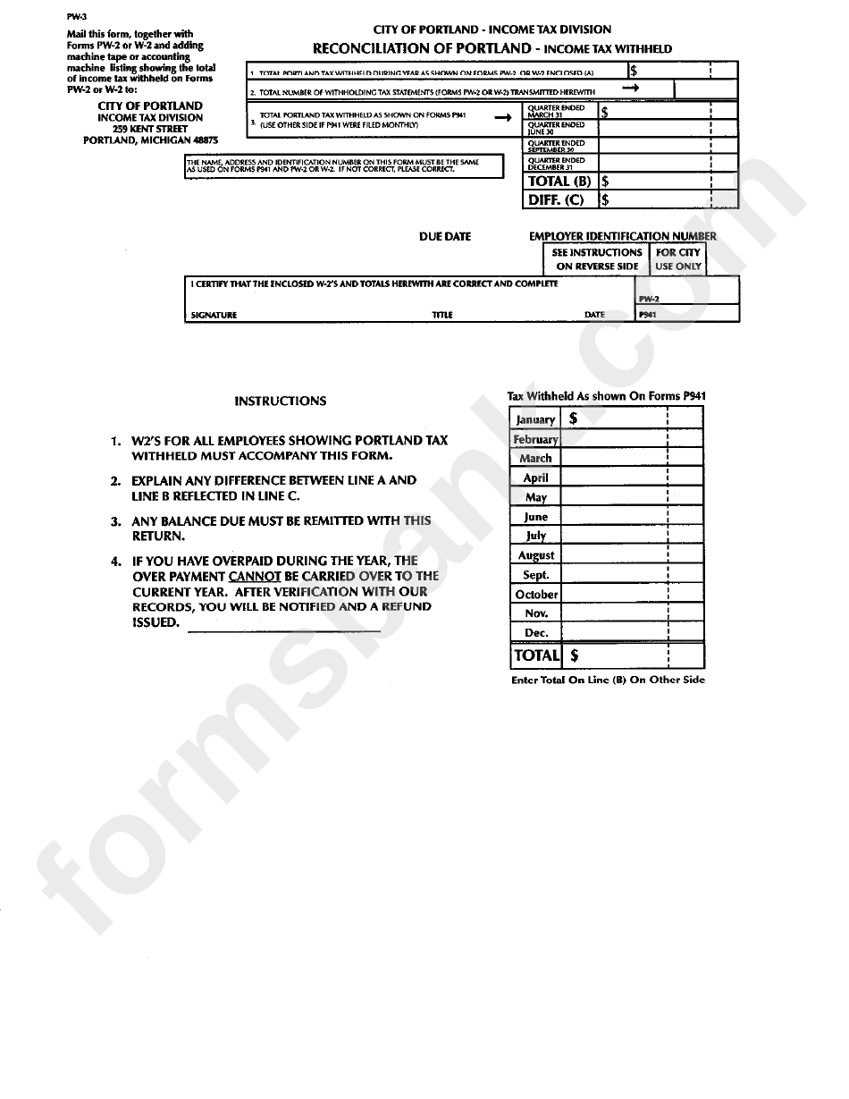 Form Pw-3 - Income Tax Withheld