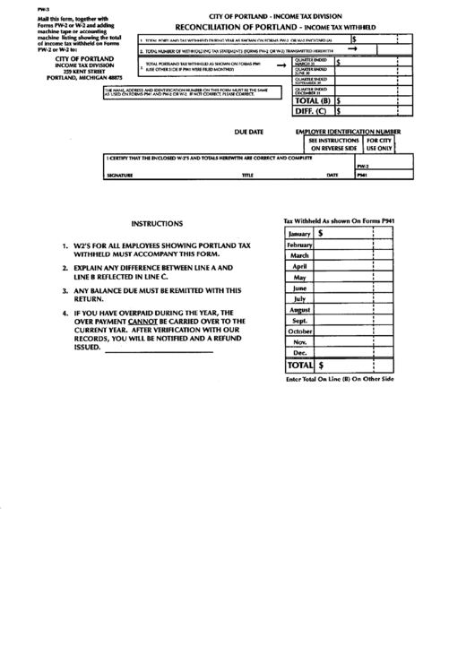 Form Pw-3 - Income Tax Withheld Printable pdf