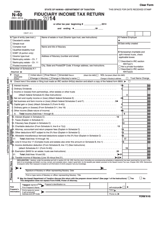 Fillable Form N-40 - Fiduciary Income Tax Return - 2014 Printable pdf