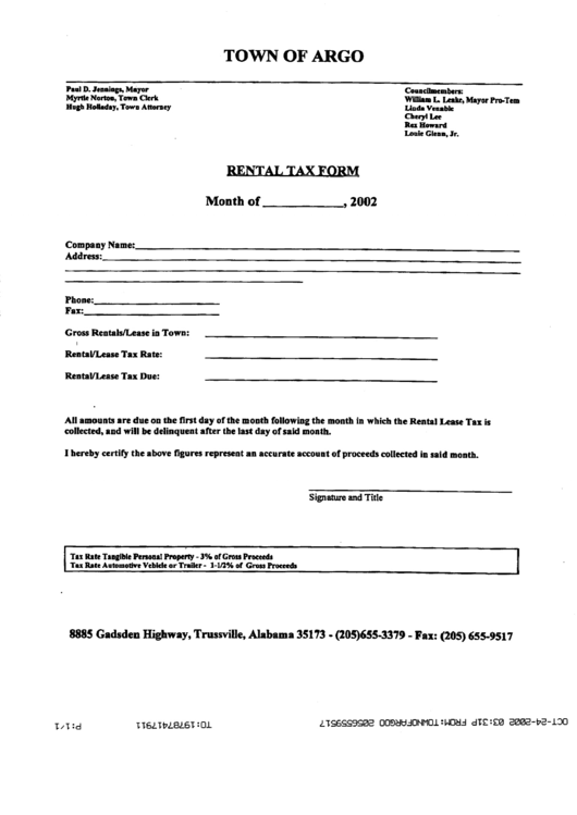 Rental Tax Form - Town Of Argo Printable pdf