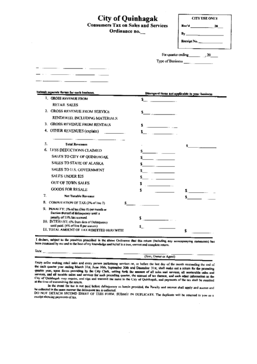 Consumers Tax On Sales And Services Form - City Of Quinhagak Printable pdf
