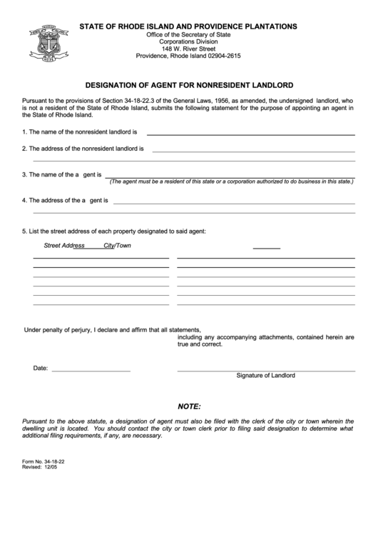 Fillable Form 34-18-22 - Designation Of Agent For Nonresident Landlord Printable pdf
