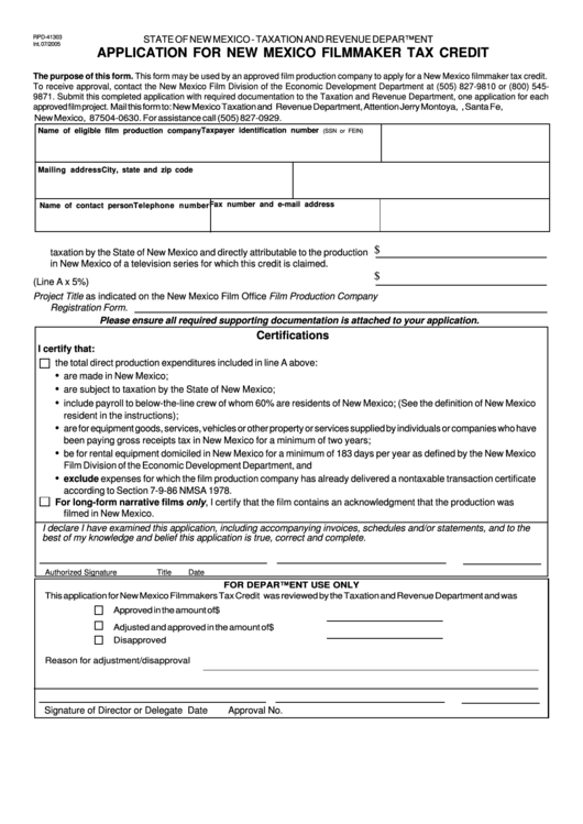 Form Rpd-41303 - Application For New Mexico Filmmaker Tax Credit Printable pdf