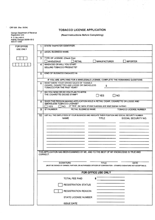 Form Crf-008 - Tobacco License Application Printable pdf