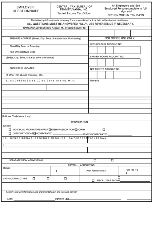 Employer Questionnaire Form printable pdf download