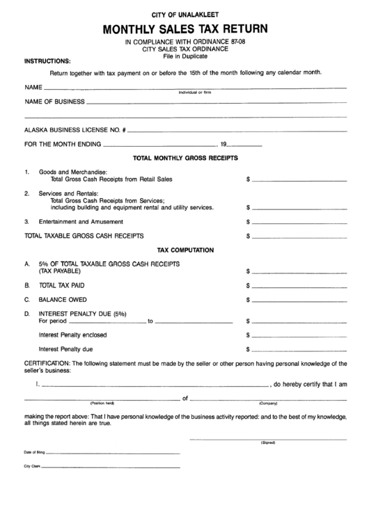 Monthly Sales Tax Return Form - City Of Unalakleet Printable pdf