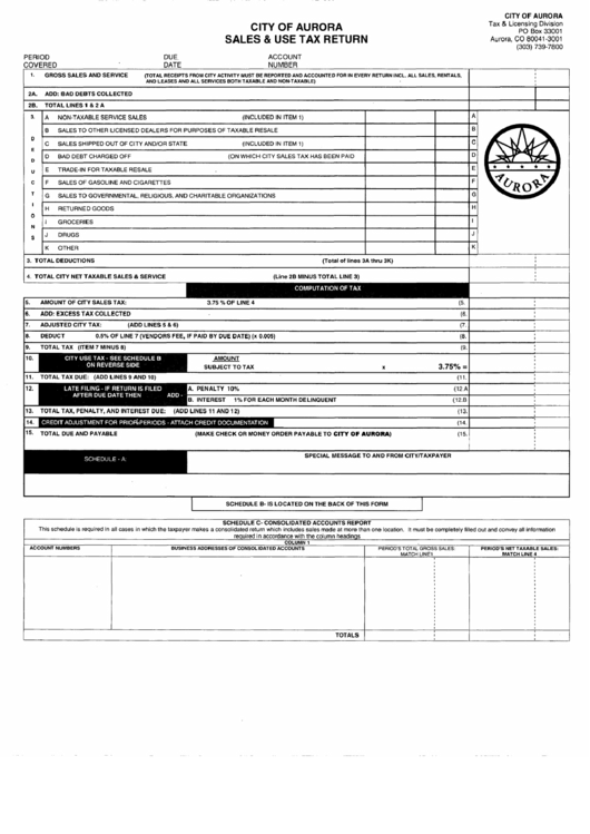 Sales And Use Tax Return Form - City Of Aurora Printable pdf