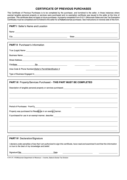 Form S-244 - Certificate Of Previous Purchases Printable pdf