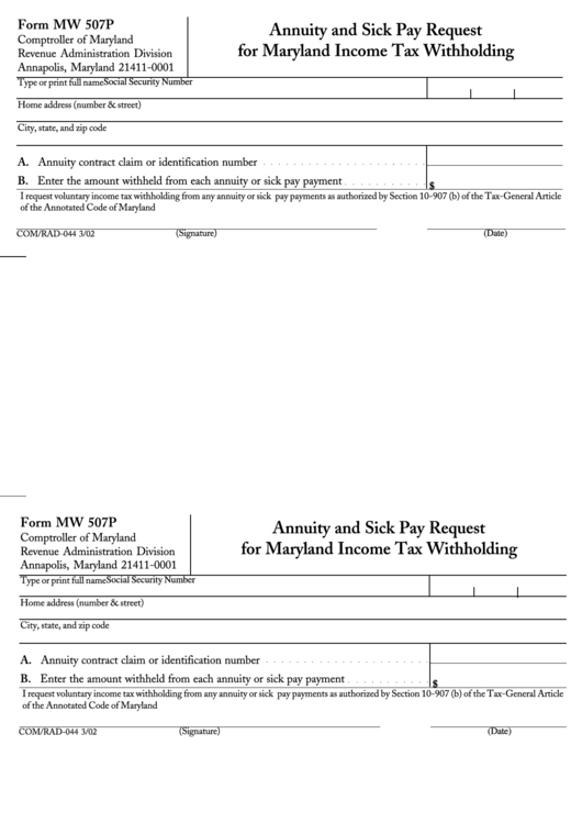 Fillable Form Mw 507p - Annuity And Sick Pay Request For Maryland Income Tax Withholding Printable pdf
