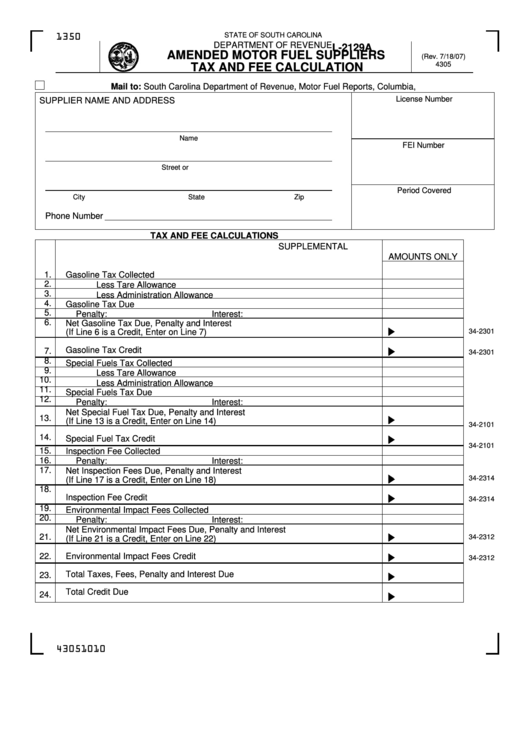 Form L-2129a - Amended Motor Fuel Suppliers Tax And Fee Calculation Printable pdf