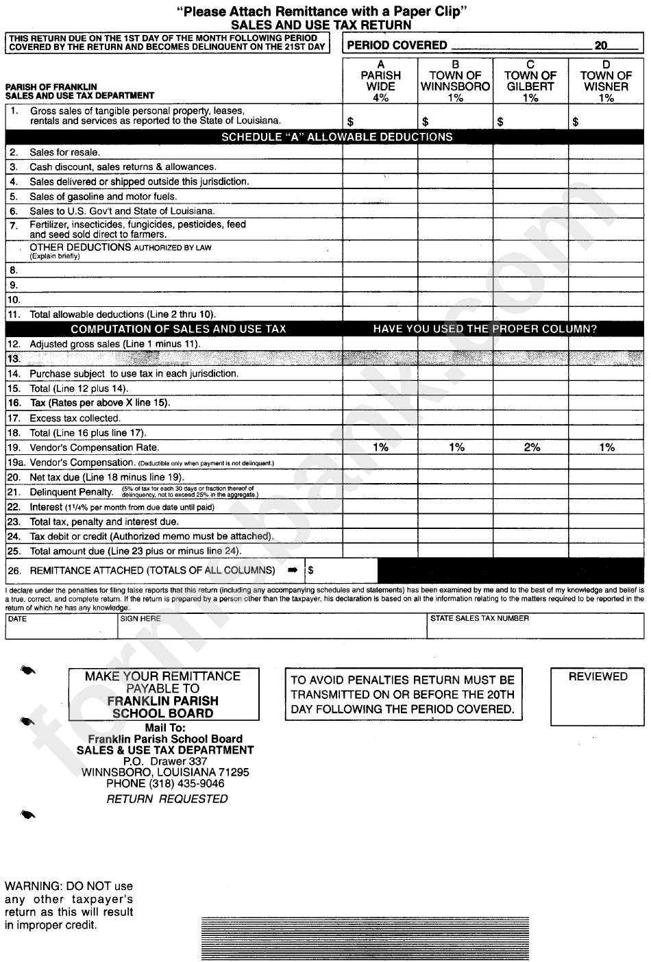 Sales And Use Tax Return Form - Parish Of Franklin printable pdf download