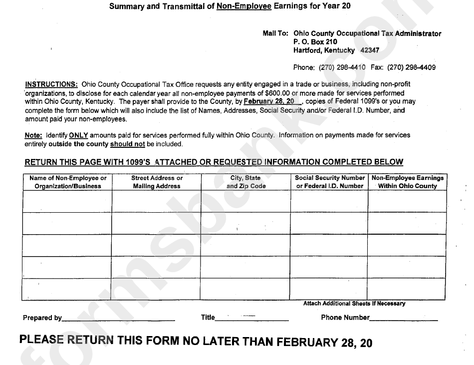 Summary Form Of Transmittal Of Non-Employee Earnings