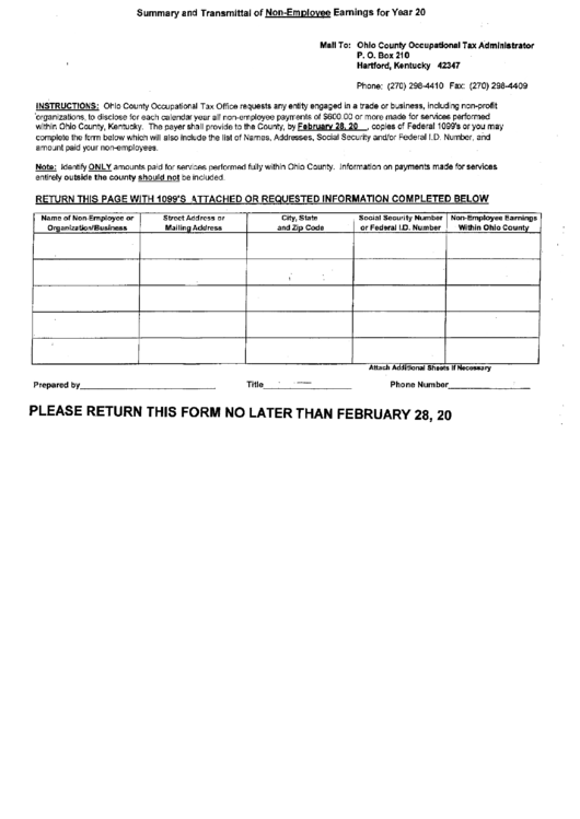 Summary Form Of Transmittal Of Non-Employee Earnings Printable pdf