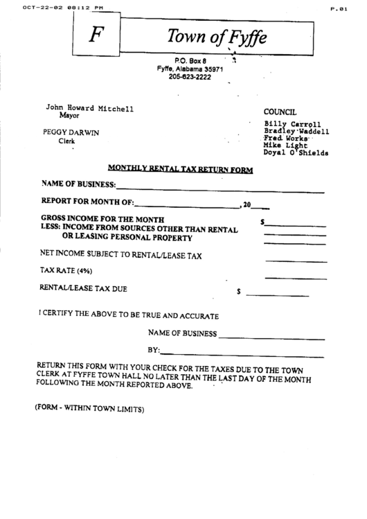 Monthly Rental Tax Return Form - Town Of Fyffe Printable pdf