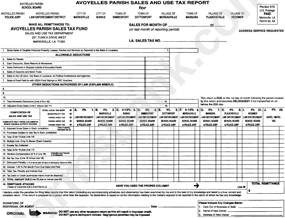 Sales And Use Tax Report Form - Avoyelles Parish