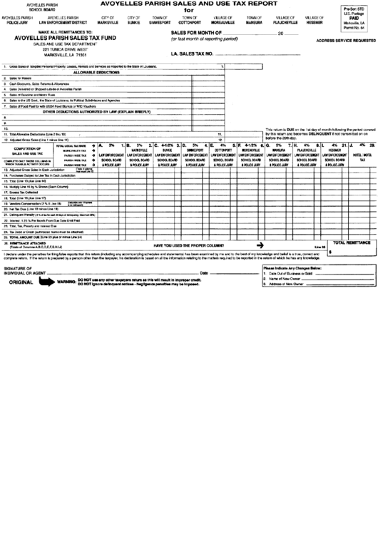 Sales And Use Tax Report Form - Avoyelles Parish Printable pdf