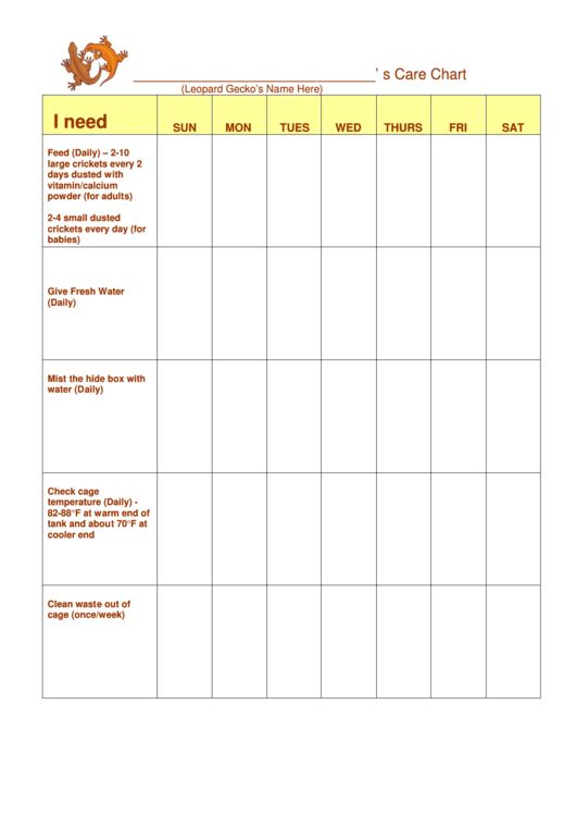 Pet Care Chore Chart - Leopard Gecko Printable pdf