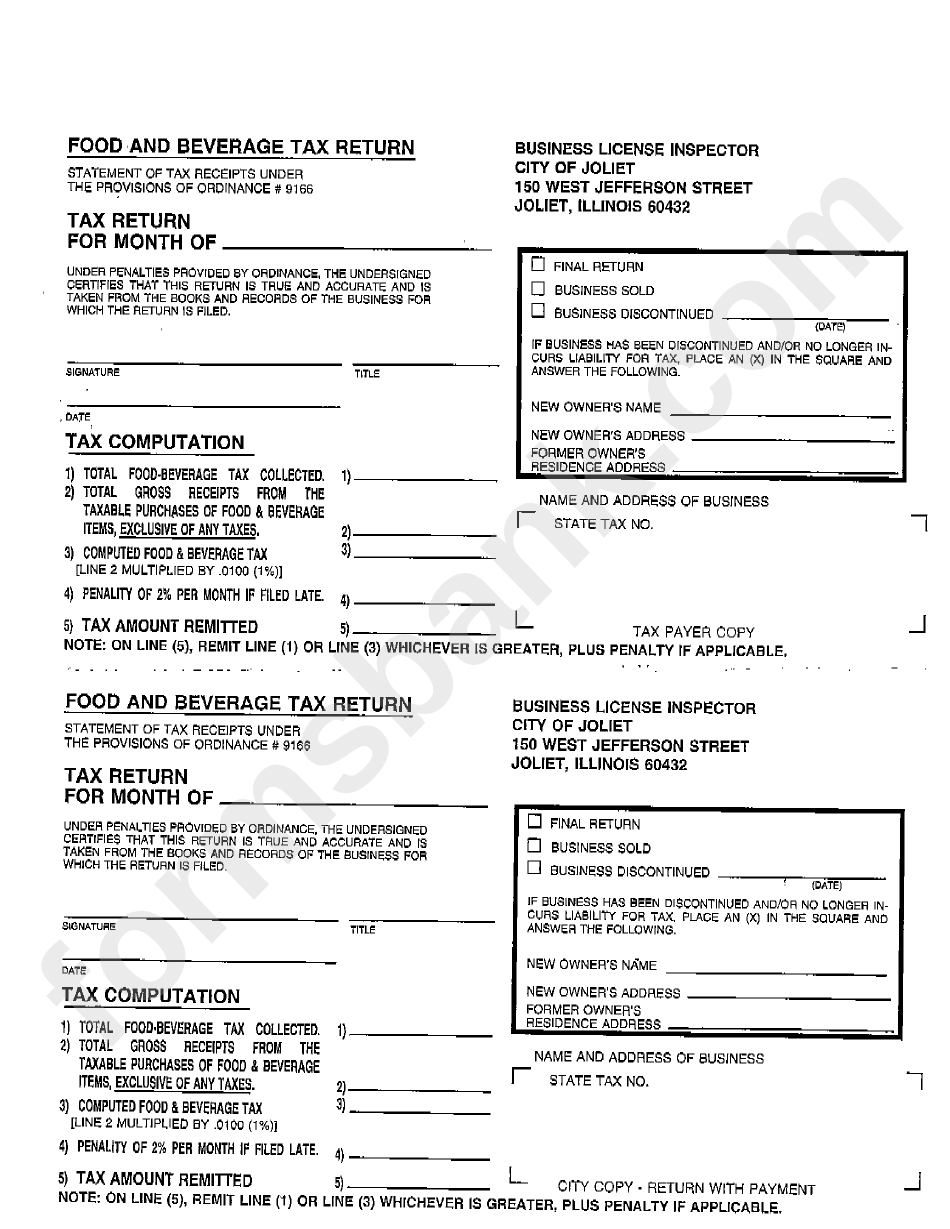 Food And Beverage Tax Return Form - Business License Inspector - City Of Joliet - Illinois