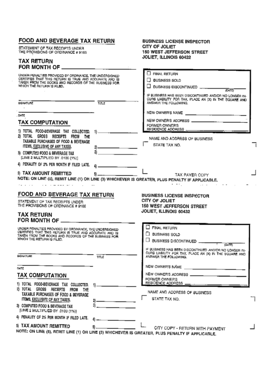 Food And Beverage Tax Return Form - Business License Inspector - City Of Joliet - Illinois Printable pdf