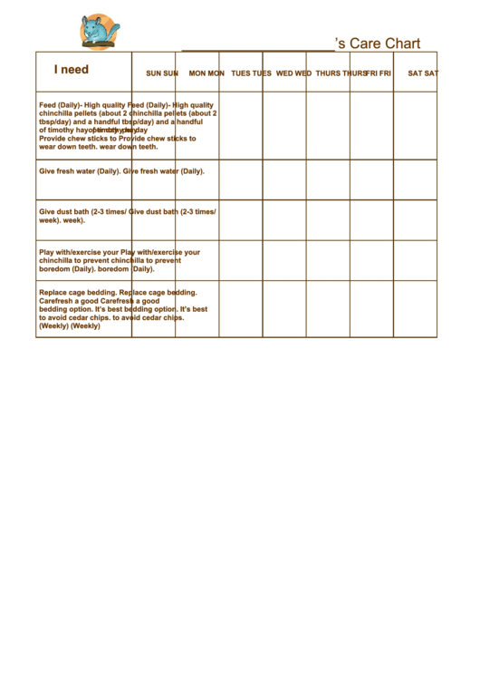 Chinchilla Care Chart Template Printable pdf