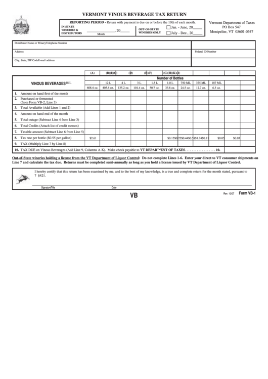 Form Vb-1 - Vermont Vinous Beverage Tax Return Printable pdf