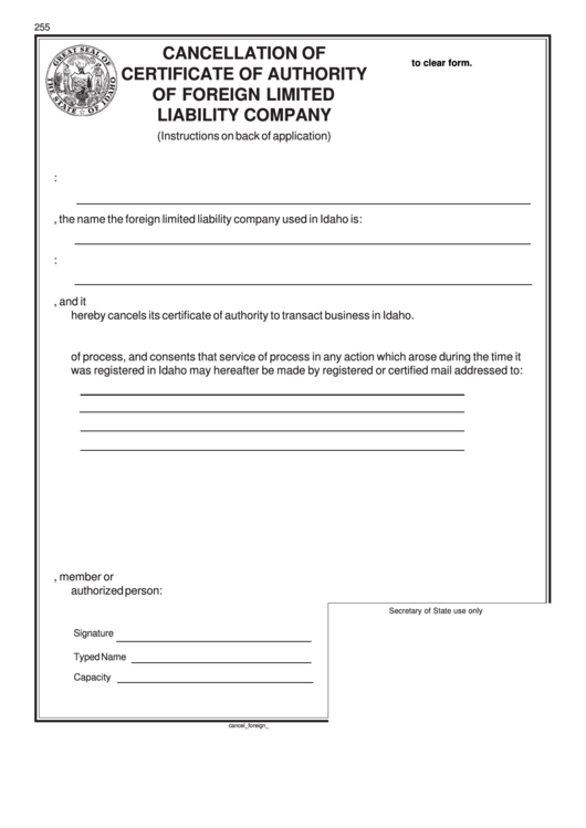 Fillable Cancellation Of Certificate Of Authority Of Foreign Limited Liability Company Form Printable pdf