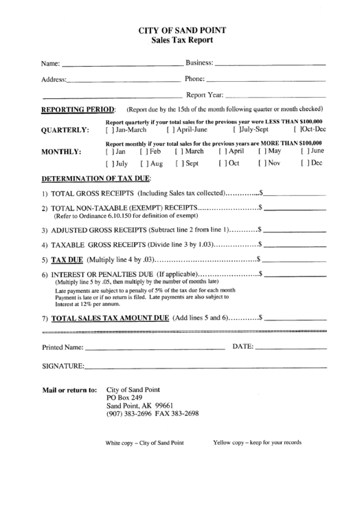 Sales Tax Report Form - City Of Sand Point Printable pdf