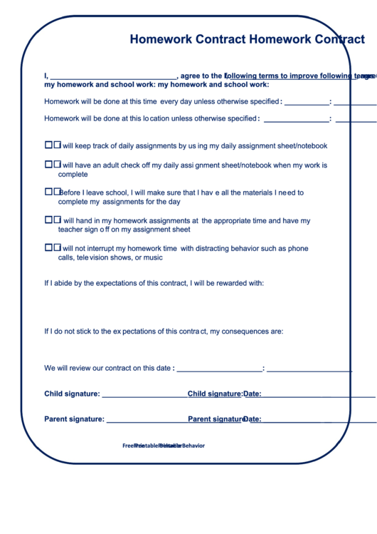 Fillable Homework Contract Template Printable pdf