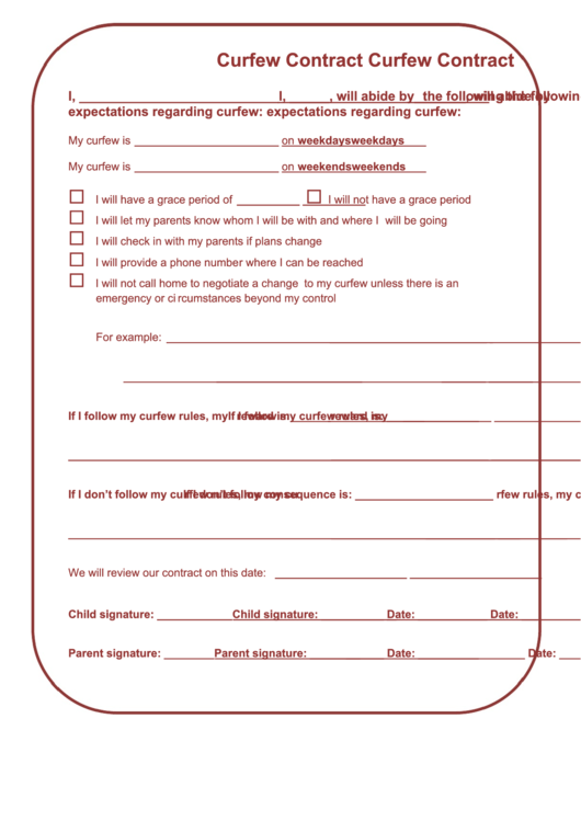 Curfew Contract Template Printable pdf