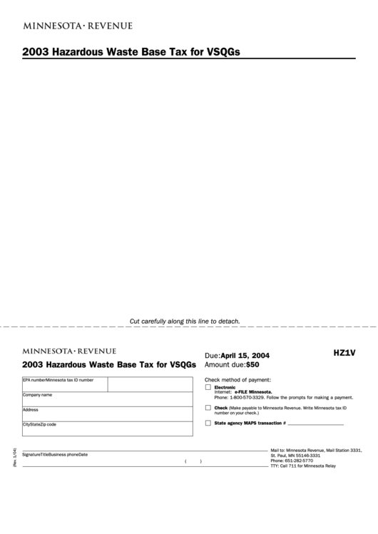 Fillable Form Hz1v - Hazardous Waste Base Tax For Vsqgs Form - Minnesota Revenue - Minnesota Printable pdf