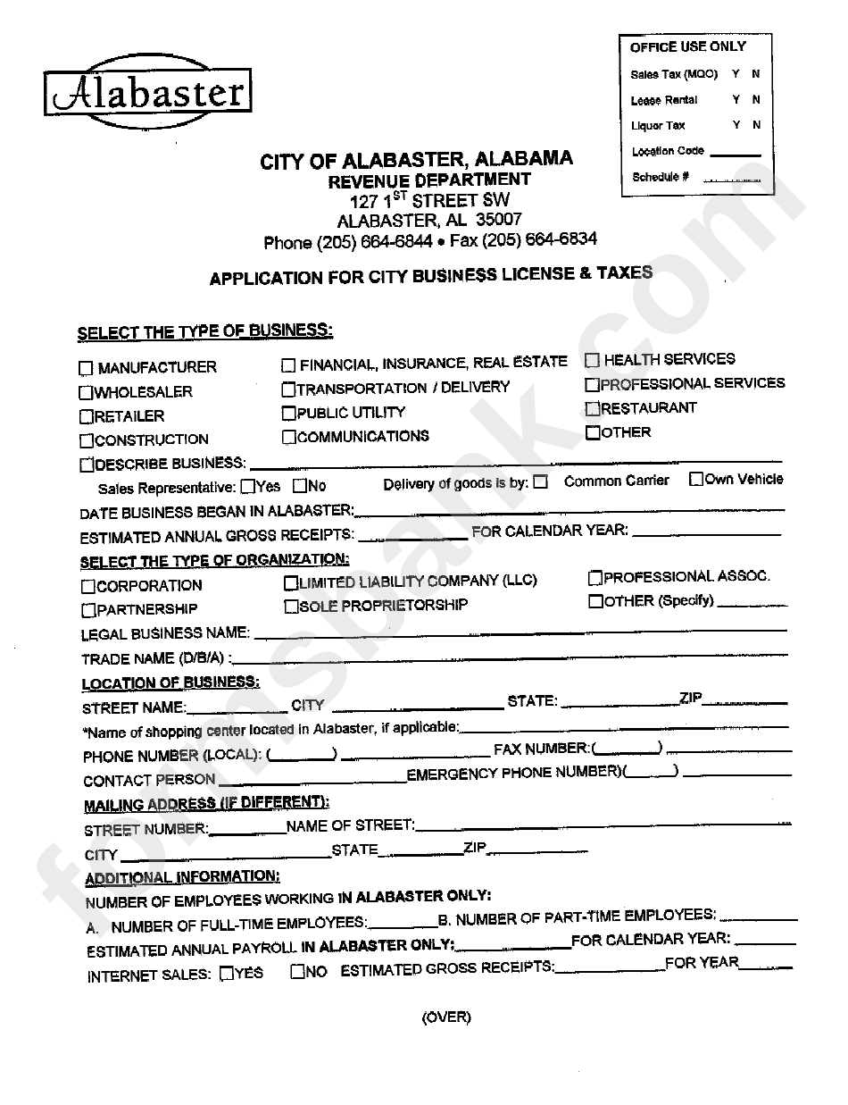 Application For City Business License & Taxes Form - City Of Alabaster