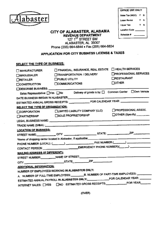 Application For City Business License & Taxes Form - City Of Alabaster Printable pdf
