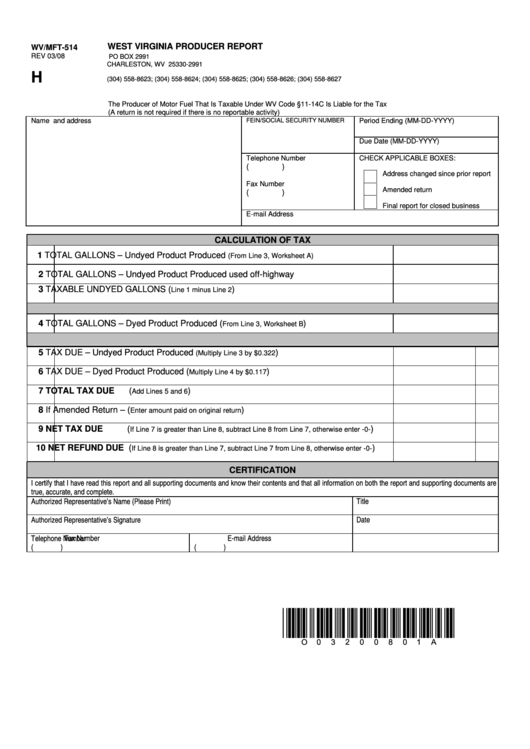 Form Wv/mft-514 - West Virginia Producer Report Printable pdf
